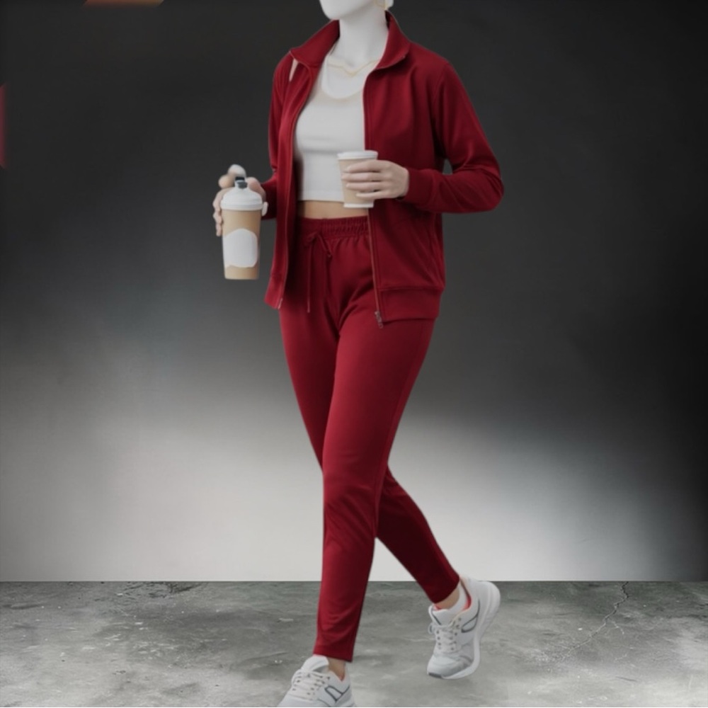 New Women's Zip-Front Track Jacket & Pants Set - Burgundy - Picture 12 of 13